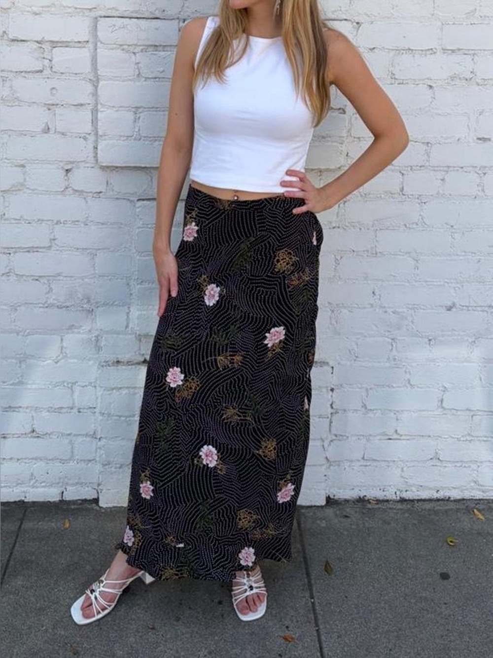 Vtg Coldwater Creek black floral maxi skirt with pink flowers and gold accents s